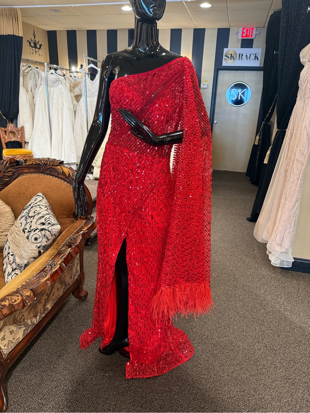 Red One-Shoulder Sequin Gown with Feathered Cape